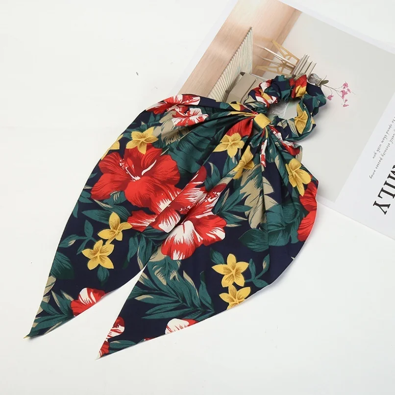 Bohemian Chiffon Flower Shrink Scarf Hair Band Ponytail Entrainment Bow Floral Print Hair Bundle Rope