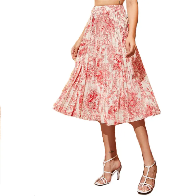 SHEIN, Женская плиссированная юбка с пейзажным принтом, весна-лето, Boho, высокая талия, длинные юбки для дам, трапециевидная элегантная юбка миди