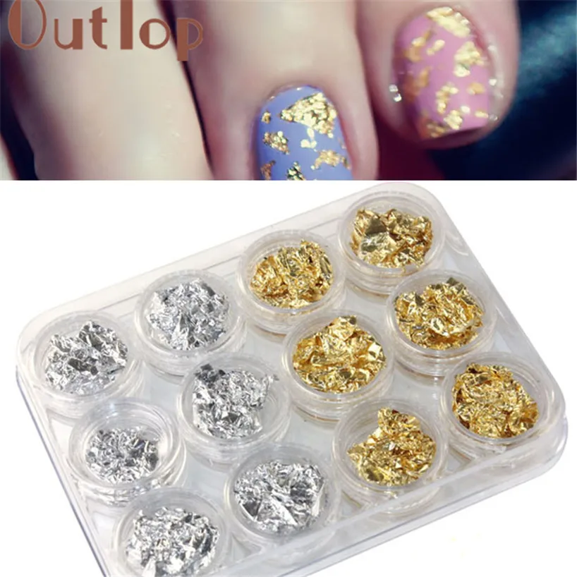 OutTop HOT New arrival 12 PCS Nail Art Gold Silver Paillette Flake Chip Foil DIY Acrylic UV Gel Pager tool 18jan23 | Красота и