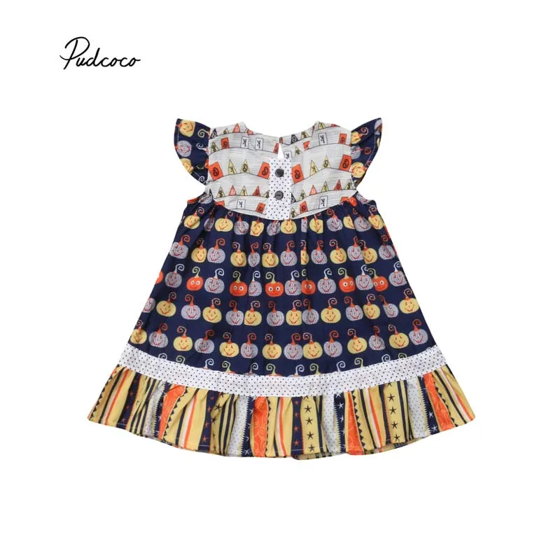 Pudcoco 2018 Хэллоуин платье для маленьких девочек Тыква печати рюшами одежда костюм