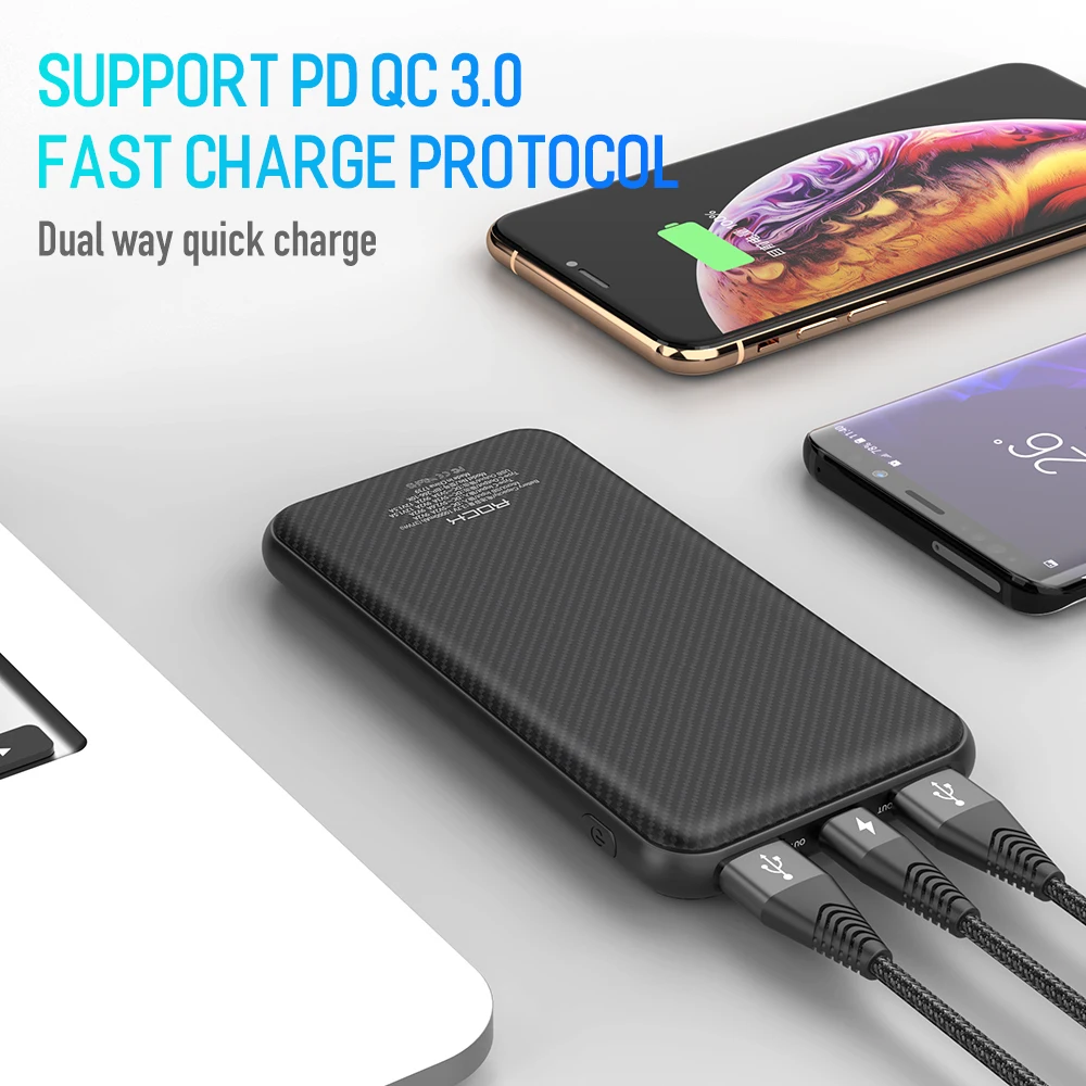 Rock Quick charger power Bank 10000 мАч Pd Qc 3 0 18 Вт Цифровой светодиодный дисплей двойной Usb