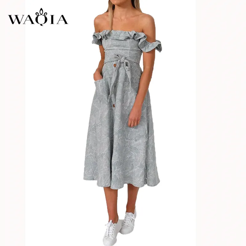 WAQIA Sexy Bow Backless Printed Beach Summer Dress Women 2019 Ruffles Strapless Buttons Black Pink Off Shoulder Midi Dresses | Женская