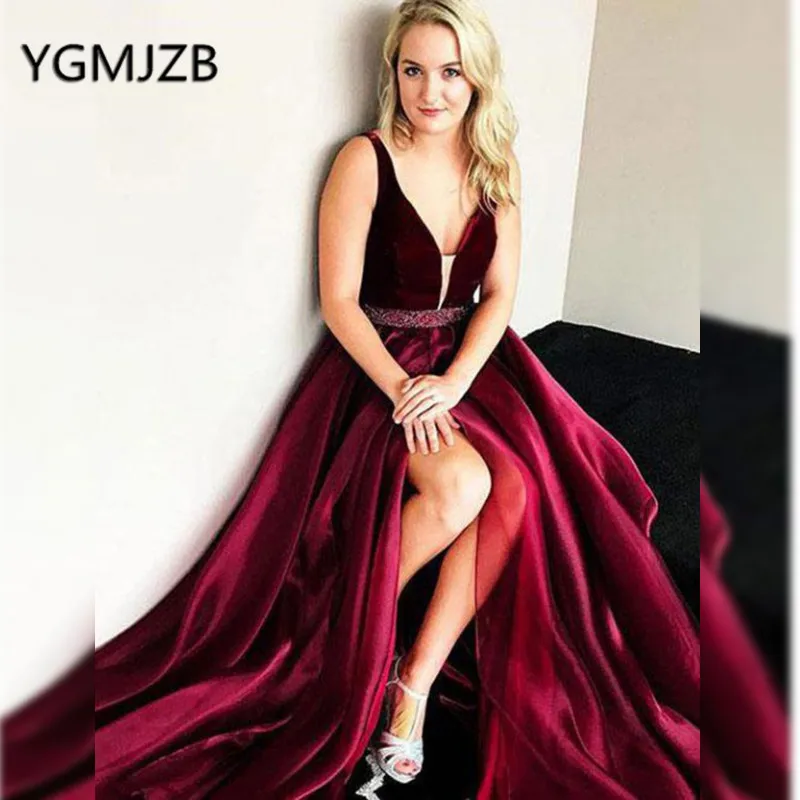 Gala Jurken 2019 Sexy Long Prom Dresses with Beaded Crystal Sash A-Line V Neck High Slit Evening Gown Women Formal Party Dress | Свадьбы и