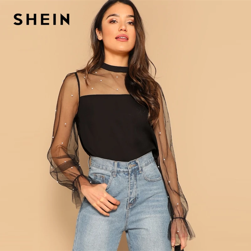 SHEIN Блуза С Сетчатыми Вставками И Бусинами, Женская Летняя Черная Сексуальная Блузка С Длинными Рукавами И Стоячим Воротником
