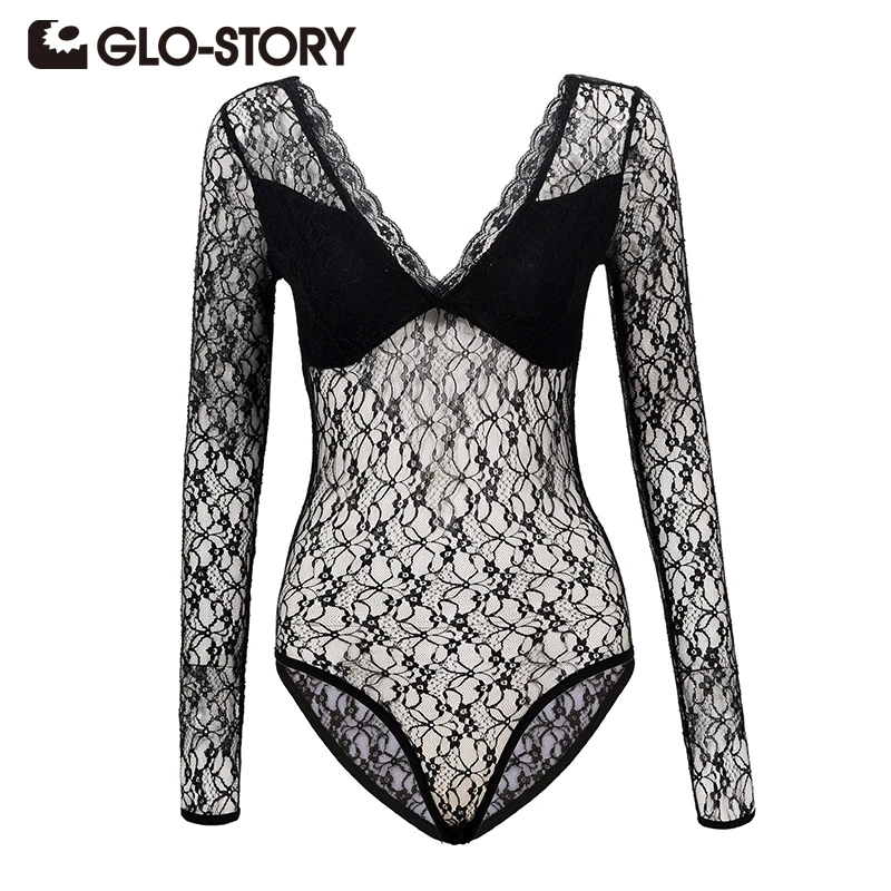 Женское летнее Сексуальное Черное Кружевное боди с длинным рукавом Женская