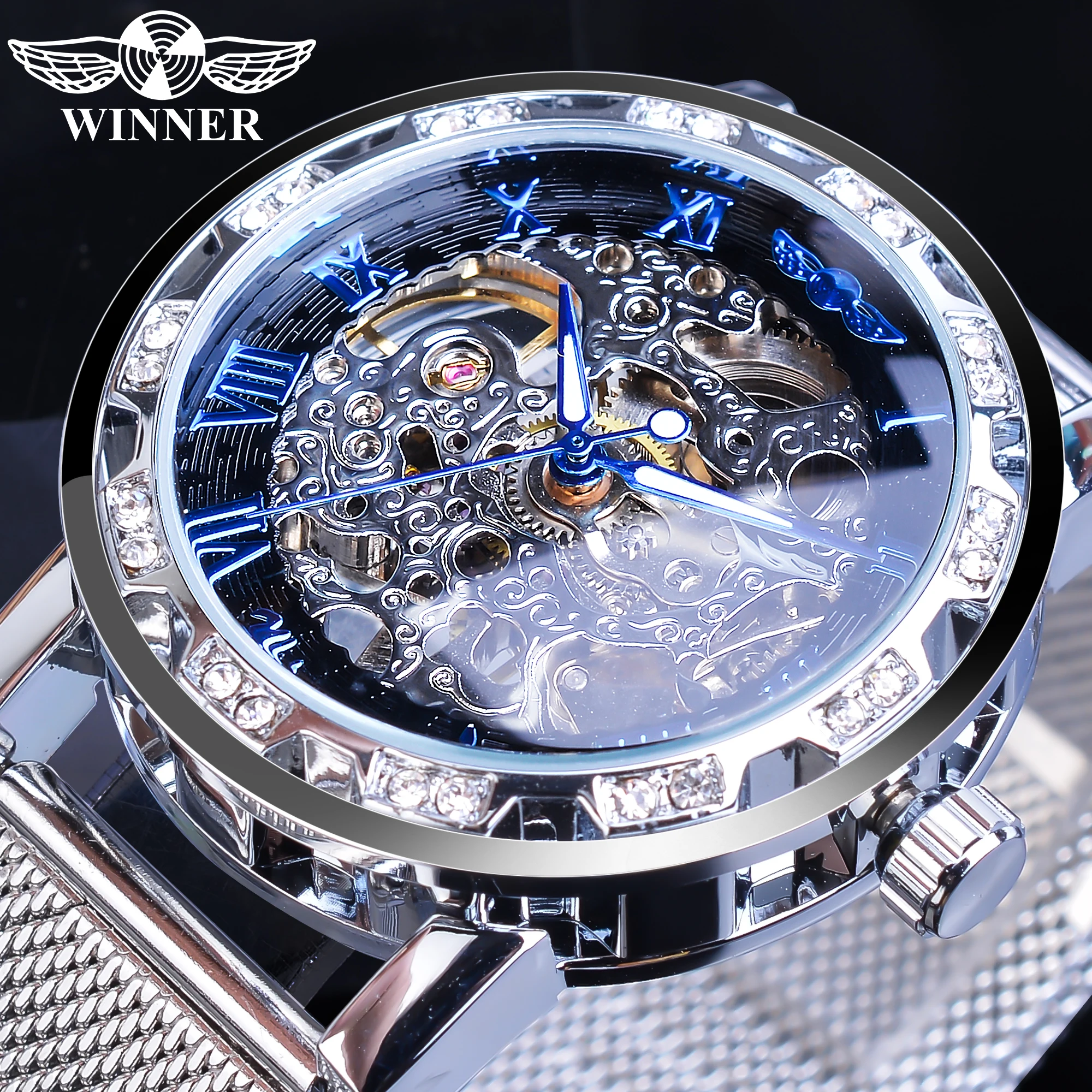 

Winner Classic Blue Mechanical Mens Watch Rhinestone Roman Hand Wind Metal Slim Mesh Steel Strap High Quality Relogio Masculino