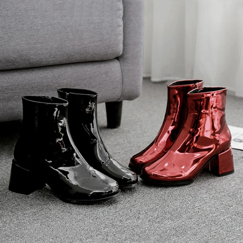 MONMOIRA Sexy Laser Patent Leather Ankle Boots for Women Round Toe High Heel Martin Winter Shoes SWE0322 | Обувь