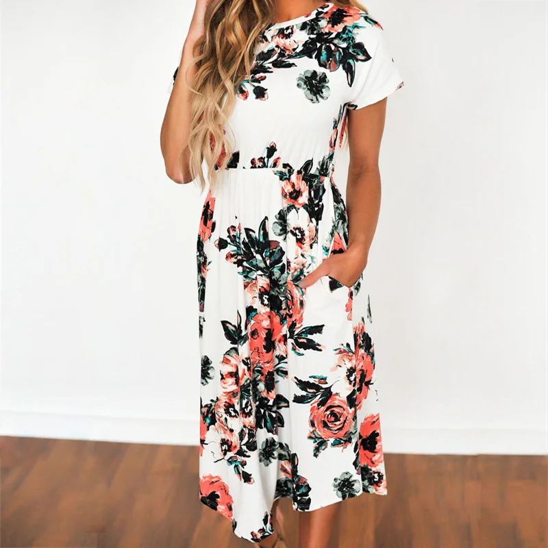 

New Beach Style Summer Dress Plus Size Black Blue White Women Print Floral Maxi Dresses Vestidos Pockets Long Dress Plus Size