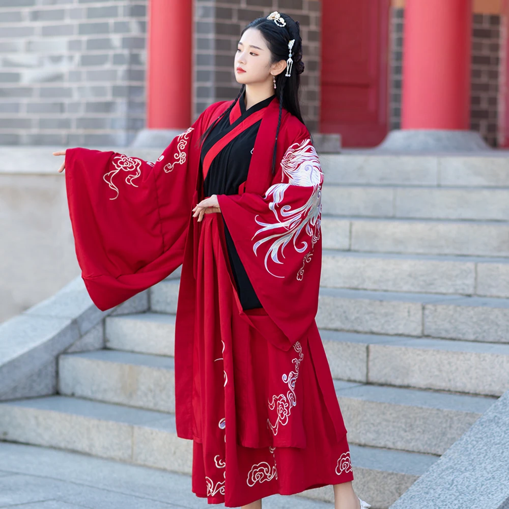 Древняя династия Вэй Цзинь пары Hanfu одежда красный черный свадебное платье большое вечернее платье с рукавами Гуандун Вышивка Феникс