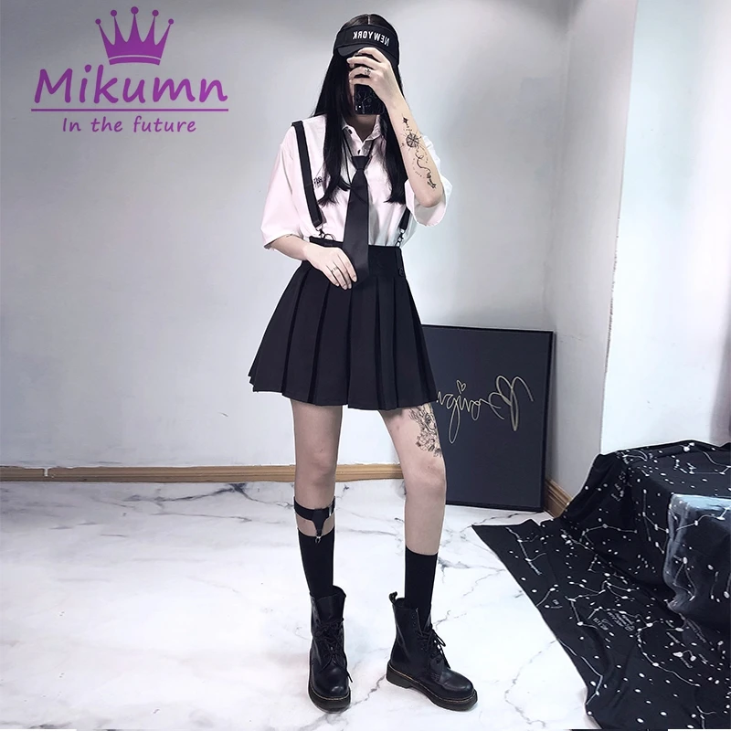 Harajuku Готическая модная плиссированная юбка с высокой талией и ремнем в стиле панк, Женская юбка в консервативном стиле, повседневные женские короткие юбки