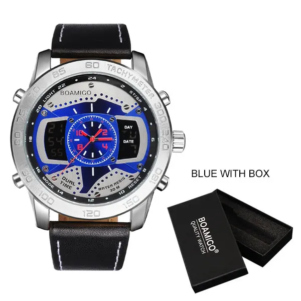 blue with box Мужские спортивные часы BOAMIGO Топ люксовый бренд Мужские кварцевые часы светодиодный цифровой кожаный наручные часы Relogio Masculino esportivo - Цвет: blue with box