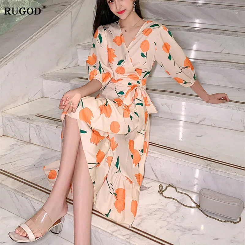 Женское шифоновое платье с цветочным принтом V образным вырезом и рукавом