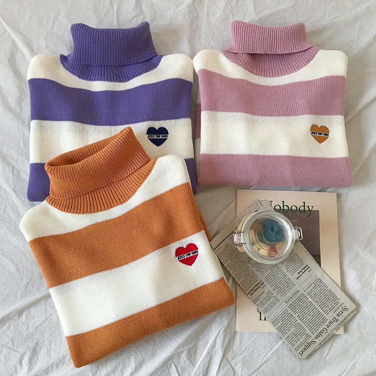 3 colors autumn and winter korean style candy color love stripe knitted turtleneck sweaters womens pullovers (F1348) | Женская одежда