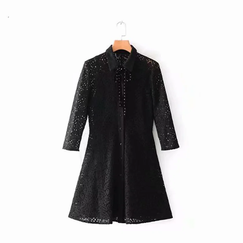 JuneLove Women New Spring Half Sleeve Mini Dress Vintage Lace Two Pieces Female A-Line Casual Retro Lady Bow Tie | Женская одежда