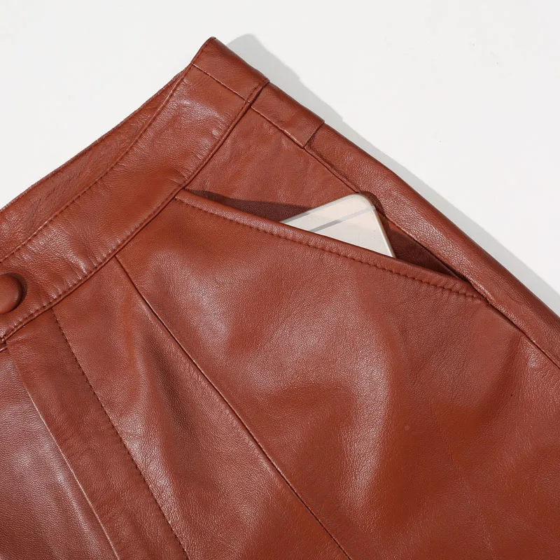 EI BAWN натуральная кожа Широкие Брюки коричневые кожаные женские с высокой талией