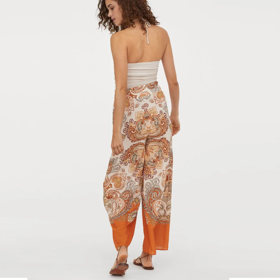 Брюки TEELYNN boho атласные оранжевые широкие брюки с узором пейсли свободные пляжные