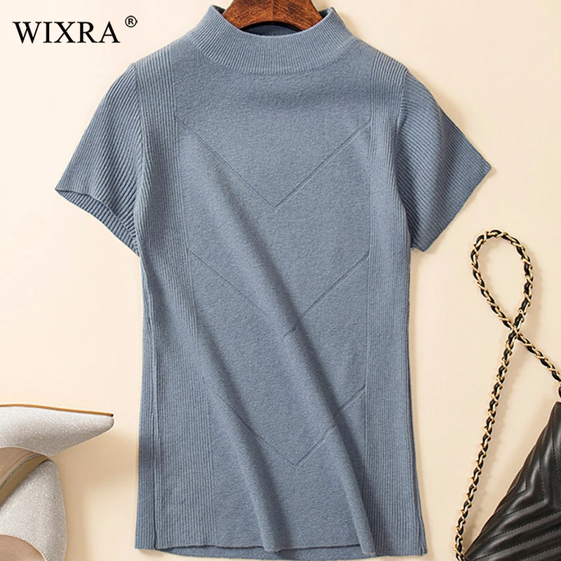 Wixra Warm and Charm Spring Women's Knitted Turtleneck Sweater Pullover Summer Soft Solid Short Sleeve Knitwear Jumper Top 