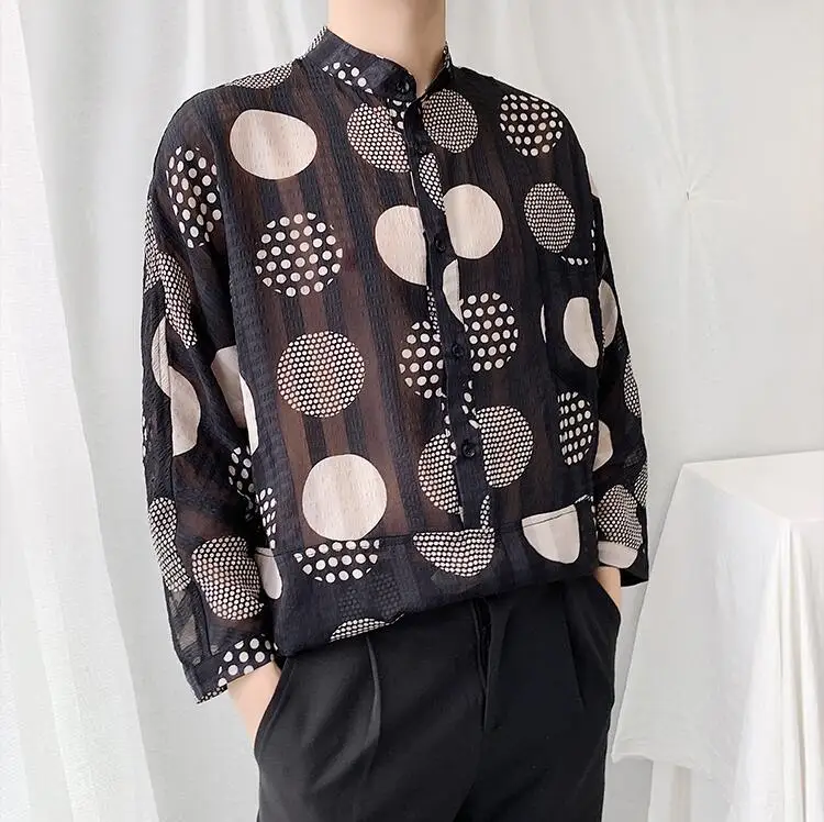 Мужская льняная рубашка с длинными рукавами свободная гавайская принтом в