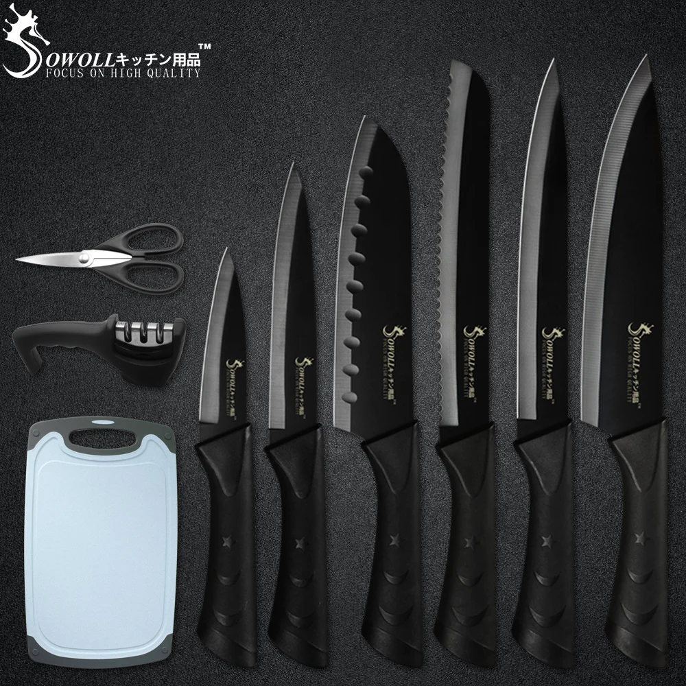 Sowoll 8 ''Держатель ножей из нержавеющей стали 8 шт. набор кухонных ножей для приготовления пищи шеф-повара для нарезки хлеба Santoku нож для очистки овощей точилка