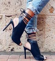 new designer lace up ankle boots peep toe high heels women party shoes woman fashion slingback ankle wrap summer boots size 35 t