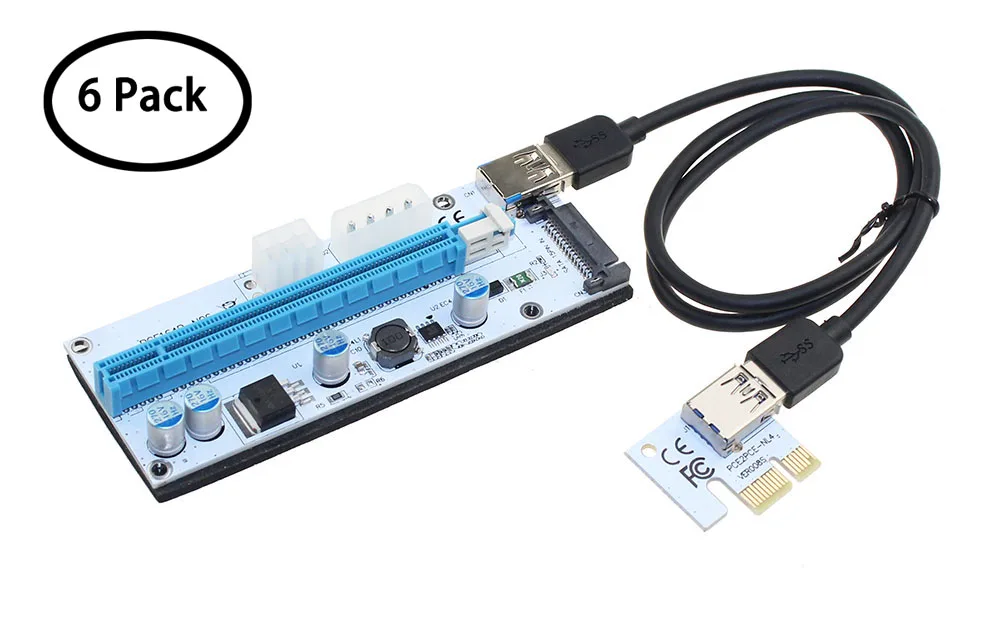 6 шт. VER008S 3 в 1 Molex 4Pin SATA 6PIN PCIE PCI E Express Riser Card 1x к 16x USB 0 кабель для майнинга Биткоин