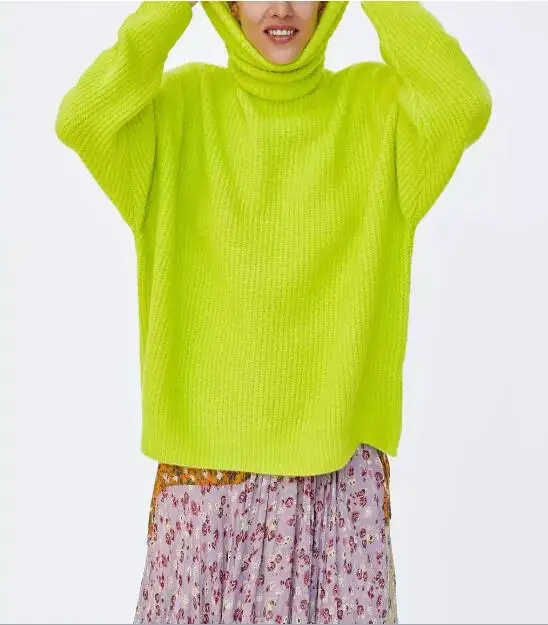 Stylish Striped Line Fluorescent Green Pullover Sweater Women Turtleneck Long sleeve Loose Knitwear Jumper Tops | Женская одежда