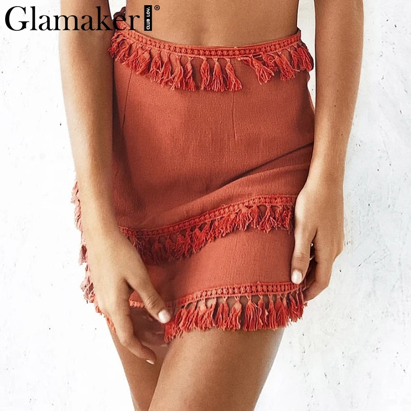 Женская мини юбка с кисточками Glamake Летняя трикотажная льняная черного цвета