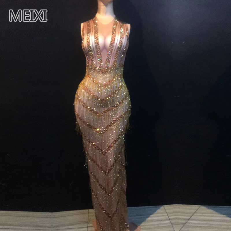 

The atmosphere sparkled with sexy golden tassel rhinestone one-piece dress bar birthday party concert singer dancer costumes