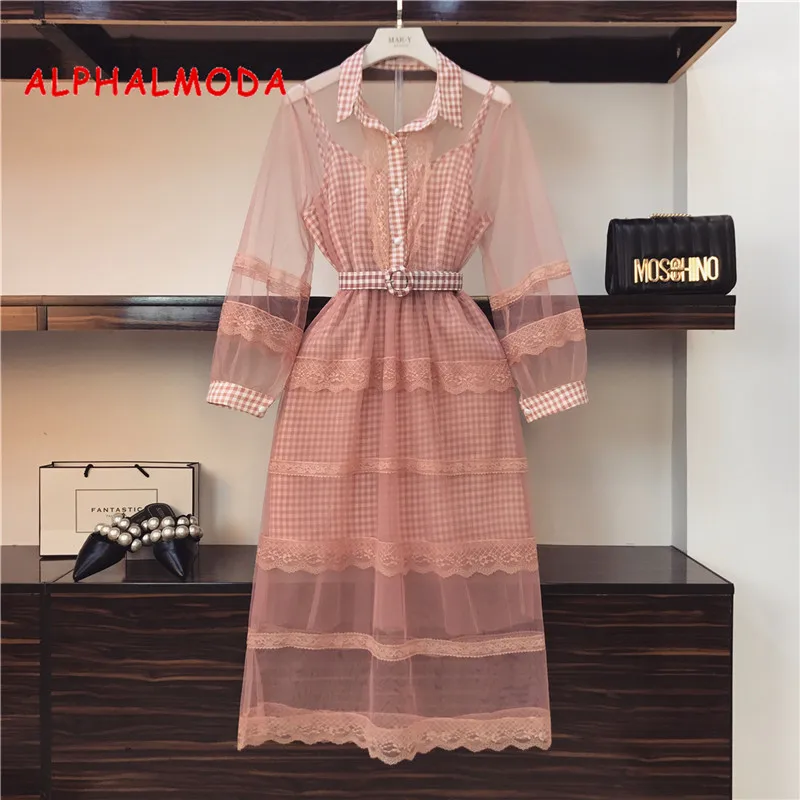 ALPHALMODA 2019 перспективное кружевное платье + в клетку комплект из 2 предметов