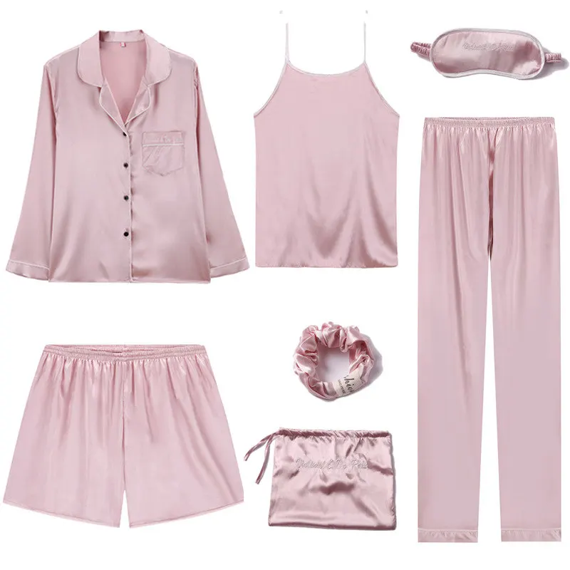 17 Pink Новые атласные пижамы пижамный комплект для женщин пижамы 7 штук женский кружевной Шелковый Полосатый Пижамный костюм Лето Осень женское белье для домашней носки - Цвет: 17 Pink