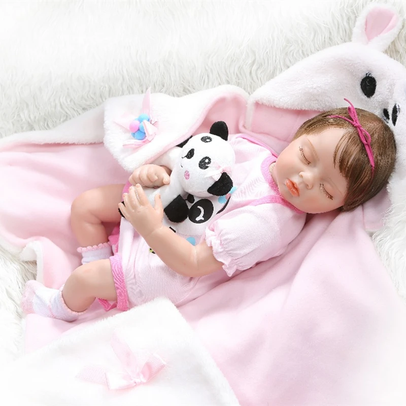 NPK 55cm Newborn Baby Doll Bebe Realistic Reborn Sleeping Girl Soft Cotton Body Rooted Hair In Panda Dress | Игрушки и хобби