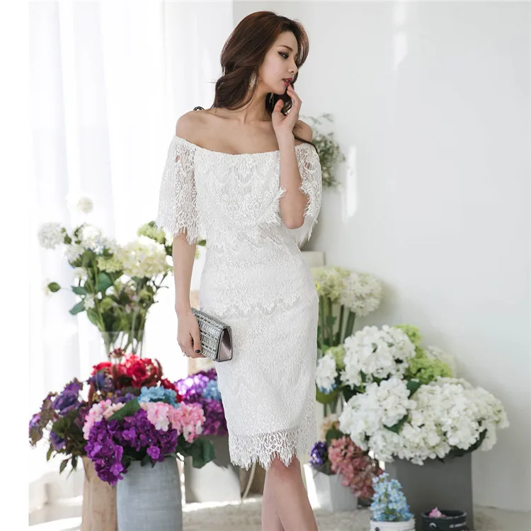 Merderheow Новый 2017 Весна Лето женщин Белое Кружево Рукавов Dress Мода Femme Случайный