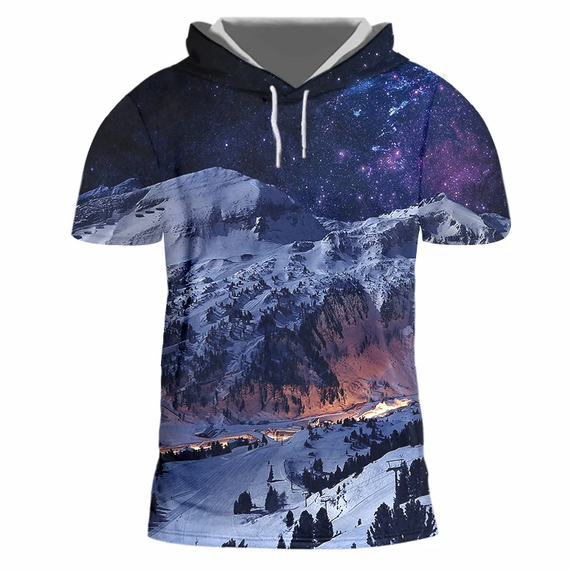 Мужская футболка с капюшоном OGKB круглым вырезом и 3D принтом снега гор уличная