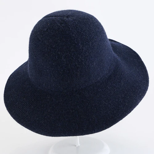 Navy Blue HT1949 Панама Высокое качество Женская шерстяная шапка теплые осенне-зимние вязаные шапки для женщин Женские однотонные простые шляпы с широкими полями - Цвет: Navy Blue