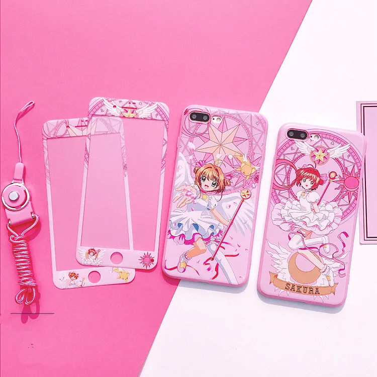 For iphone X Cardcaptor Sakura Case +Tempered Glass Screen film Pink Sailor Moon case for 6 6S plus 7 7plus 8 8plus |