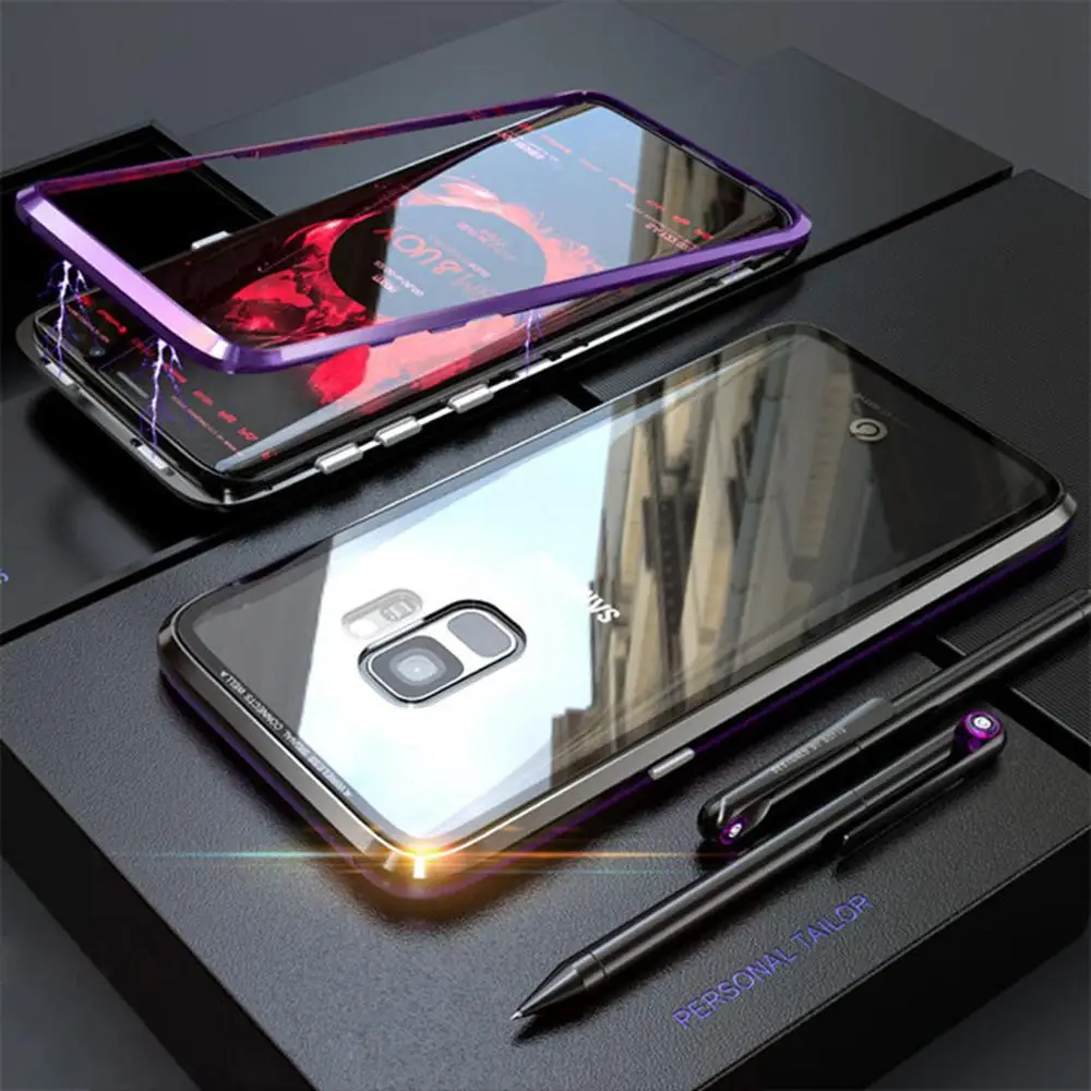 Black Purple IMIDO Магнитный адсорбционный чехол для телефона для samsung Galaxy S9 S8 Plus Note8 S7 Edge металлическое закаленное стекло с магнитом Чехол-книжка - Цвет: Black Purple