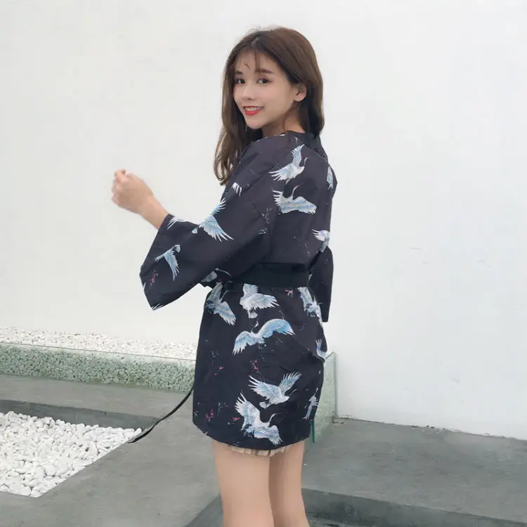 Японское женское кимоно Yukata Haori, карнавальные костюмы для девочек, Harajuku, свободные кимоно с принтом в виде Журавля, кардиган, верхняя одежда, повседневная куртка
