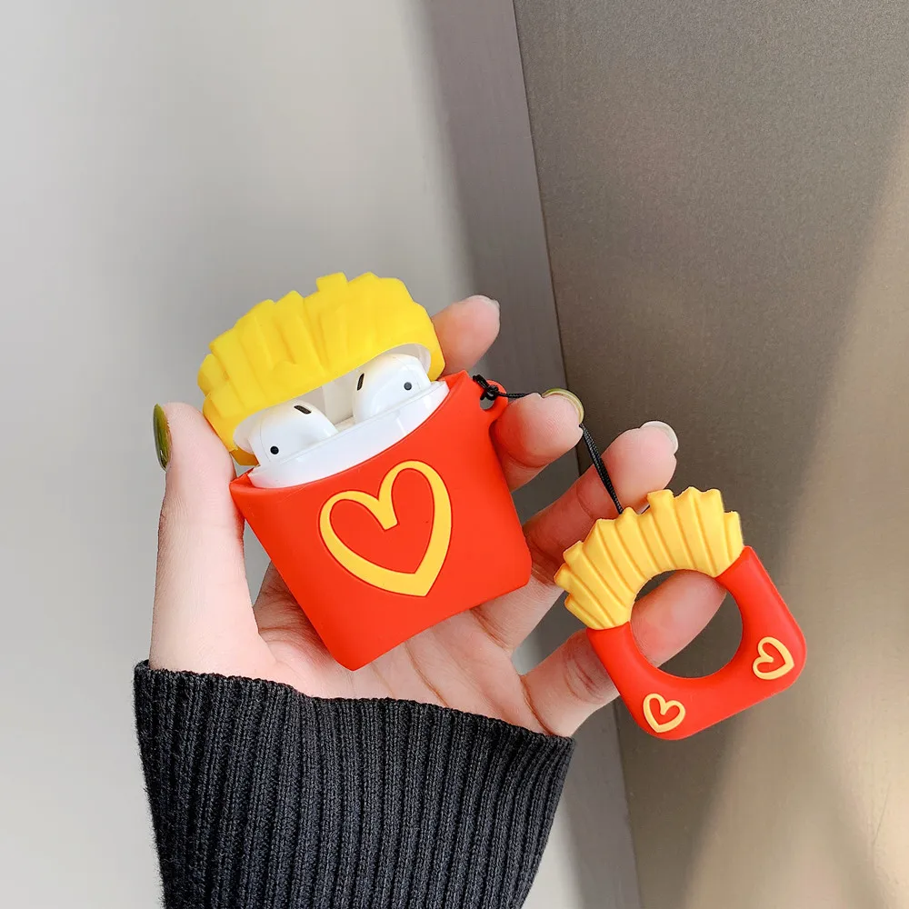 Fashion French fries Popcorn Design Silicone Soft Bluetooth Wireless Earphone Cover For Apple Airpods 1 2 Case With Match Ring |