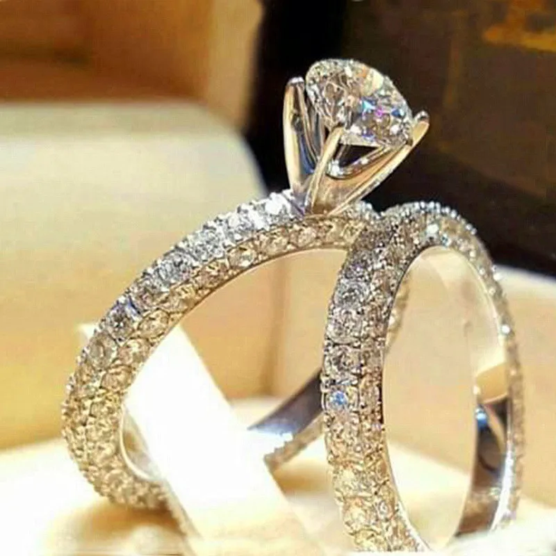 

Crystal Female Zircon Wedding Ring Set Fashion Silver Color White Bridal Sets Jewelry Promise Love Engagement Rings For Women
