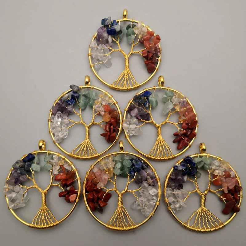 Модный кулон из натурального камня в виде дерева жизни золотого цвета 50 мм 12