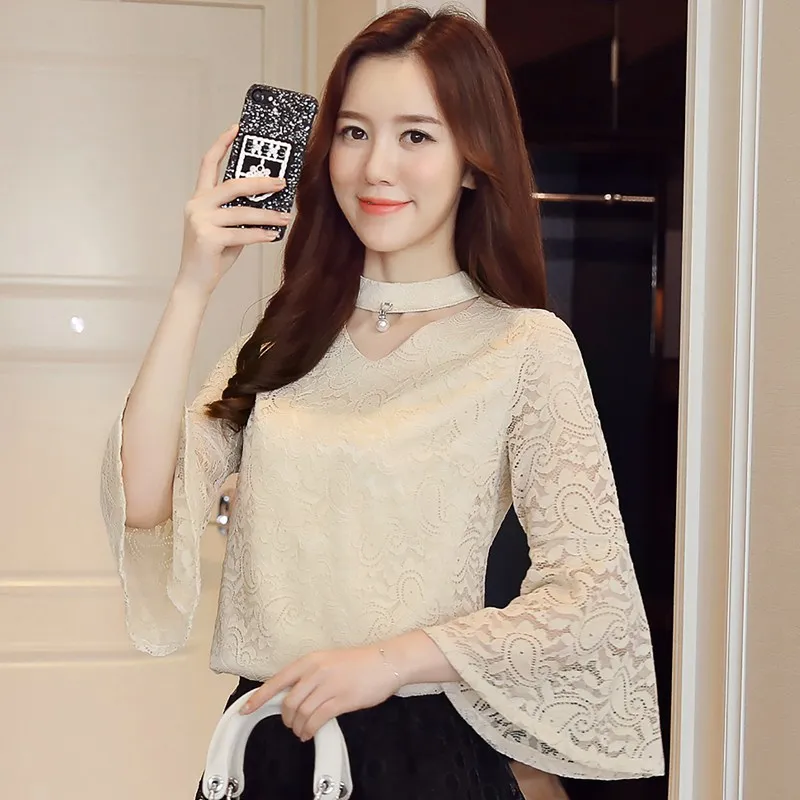 Новинка 2017 модная осенняя Зеленая кружевная блузка женская рубашка с v образным