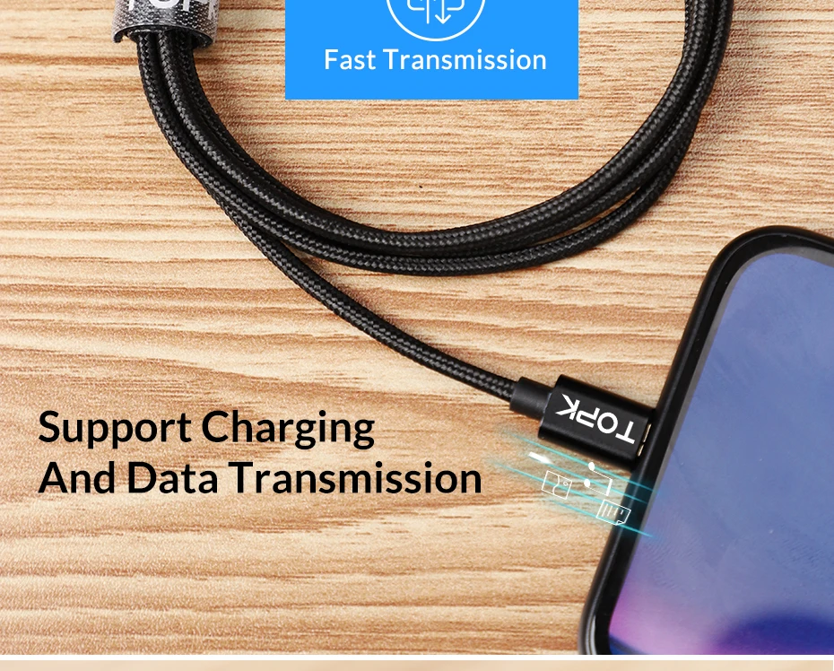 TOPK нейлоновый Кабель с разъемом usb-c для быстрой зарядки Тип C кабель для samsung Galaxy S9 S8 Note 9 8 Xiaomi huawei синхронизации данных Тип-C телефонный кабель