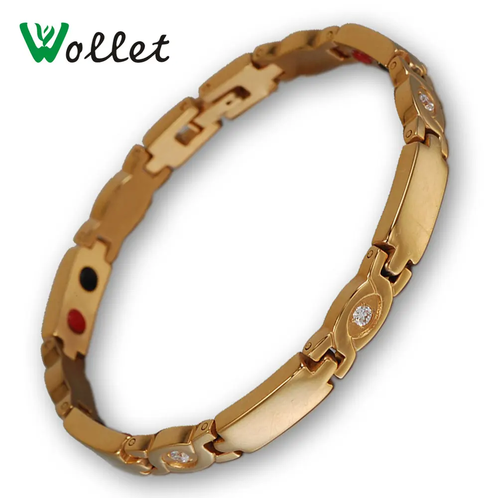 

Wollet Jewelry Stainless Steel Magnetic Bracelet For Women Gold Color CZ Stone 5 in 1 Germanium Negative Ion Infrared Tourmaline