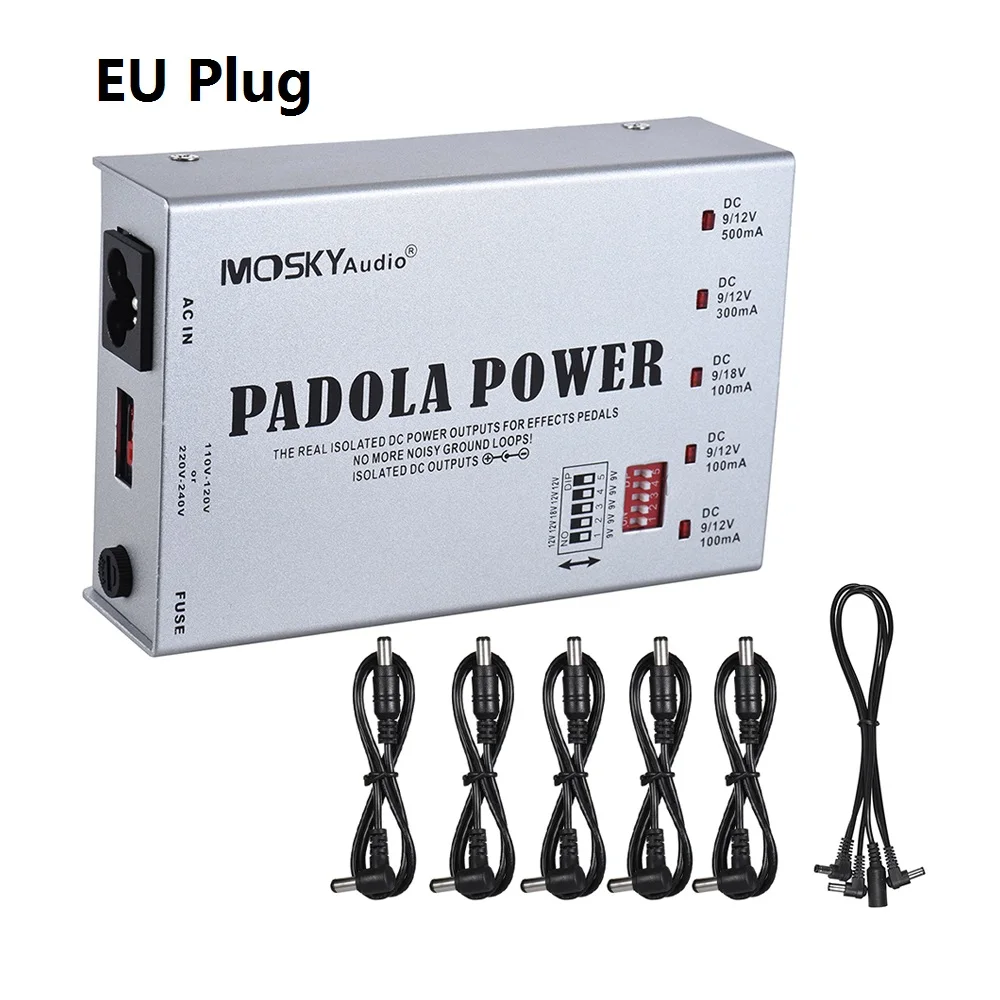 Silver x EU Plug MOSKY гитарный эффект педаль электропитания 5 изолированных выходов для DC 9 в 12 В 18 в гитарная педаль с защитой от короткого замыкания - Цвет: Silver x EU Plug
