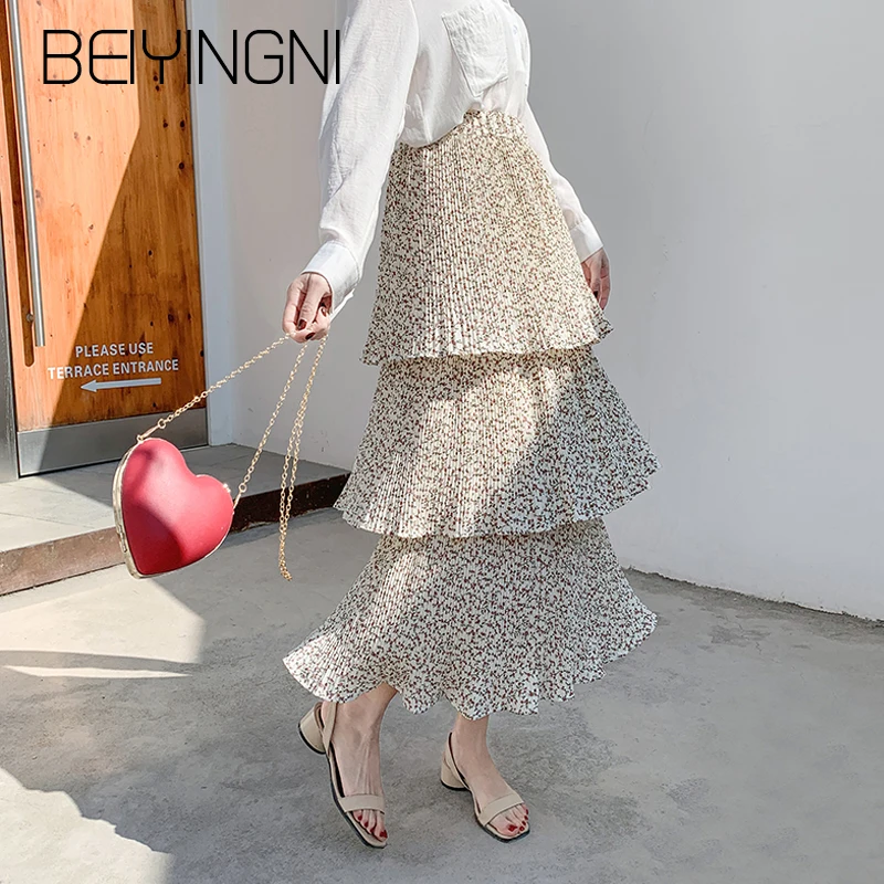 Beiyingni летние юбки с цветочным принтом 2019 Boho Harajuku юбка 3 слоя средней длины в пол