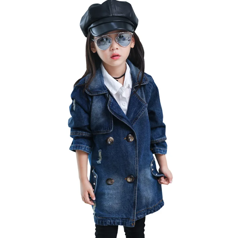 

Autumn Baby Girls Fashion Denim Jacket Girls letters pattern Denim Outerwear Jacket Slim and Long Sections Trench Coat Tops