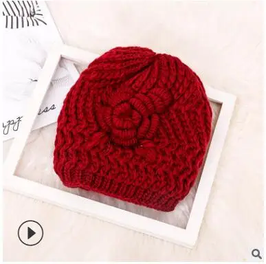 Autumn and winter new wool hat Korean version of the flower pattern knit Plus velvet Baotou warm head cap knitted women | Аксессуары для