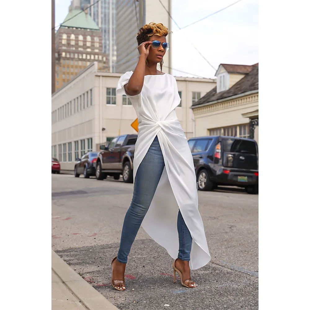 Solid Fashion Irregular Women Tshirt Office Lady Slash Neck Tee Shirt Femme Short Sleeve Summer Tunic Tops