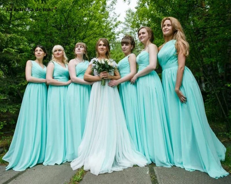 Vestido madrinha Новое шифоновое на одно плечо трапециевидной формы розовый мятный зеленый бирюзовое платье для подружки неветы длинное свадебное платье для гостей