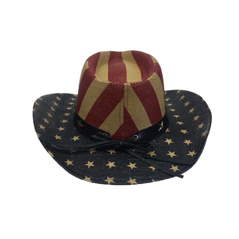 

Special American Flag Star Cowboy Hat For Men Summer Beach CAP Wide Brim Straw Cowboy Western Word Cowgirl Sun Visor Hat YY18046